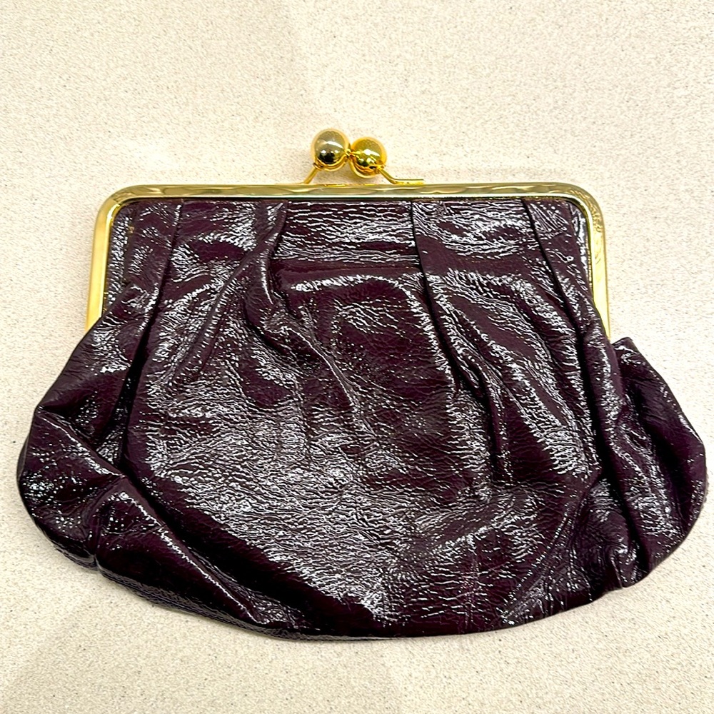 Golden blue purple patent leather kiss lock clutch